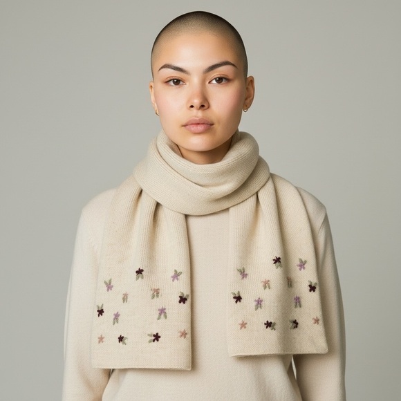 Vintage Accessories - Vintage Y2K Wool Cream Scarf with Floral Embroidery